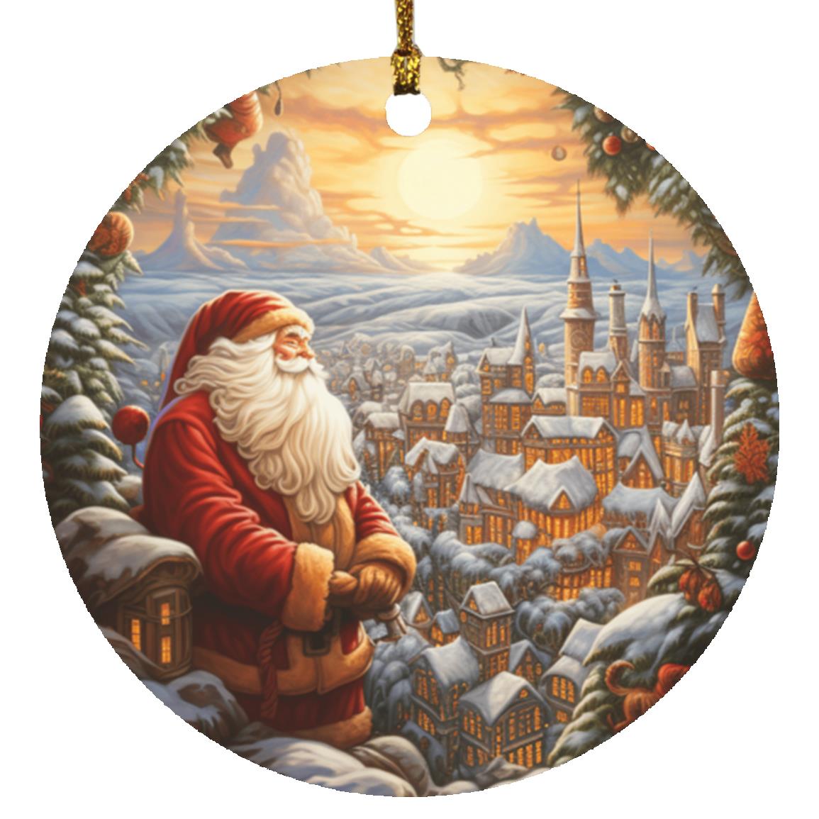 Santa and Town Ceramic Ornament