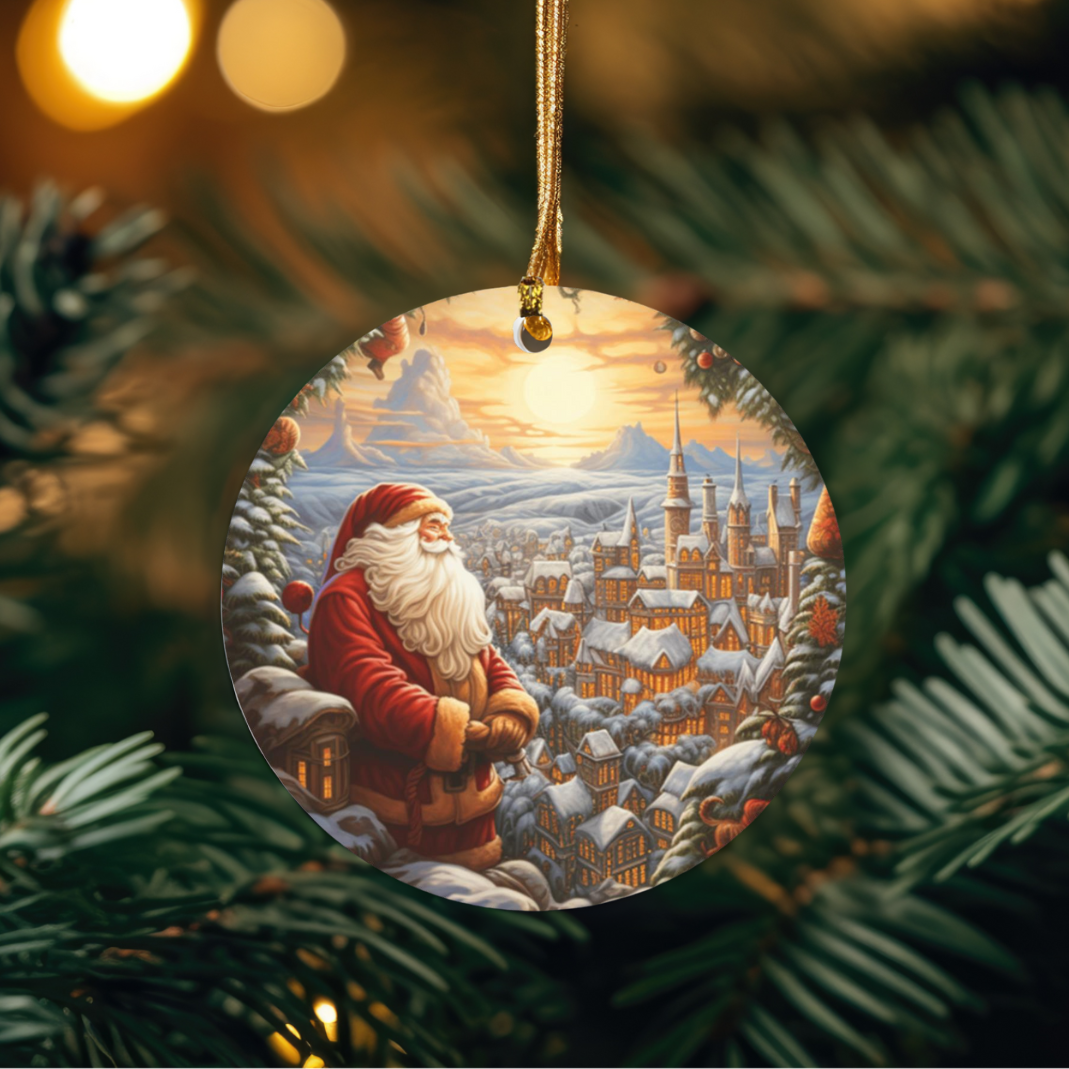 Santa and Town Ceramic Ornament