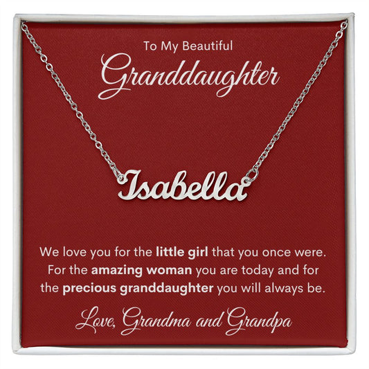 To My Beautiful Granddaughter - Personalized Name Necklace w/MC - Love Grandma and Grandpa