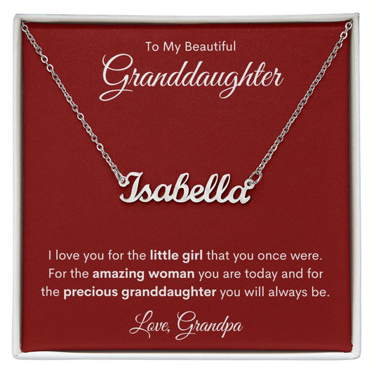 To My Granddaughter - Personalized Name Necklace w/MC - Love Grandpa